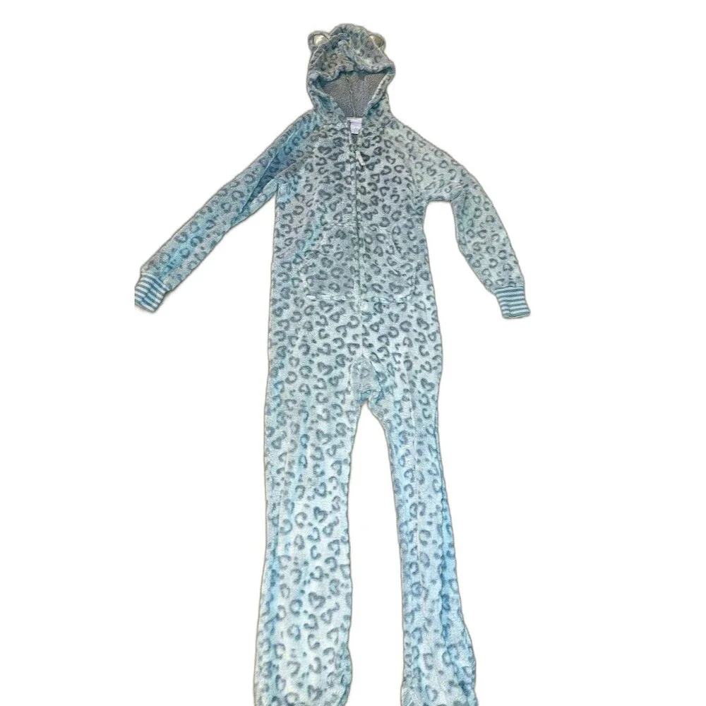 More Than Magic Kids Hooded Fleece One-Piece Sleeper Gray Leopard M 7/8